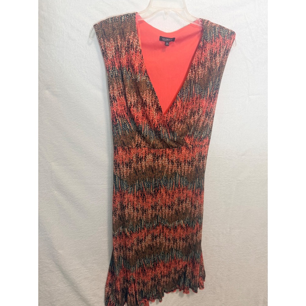 Glamour Pink Orange Abstract Print V-Neck Ruffle Hem Belted Dress 16W 5D9549WN